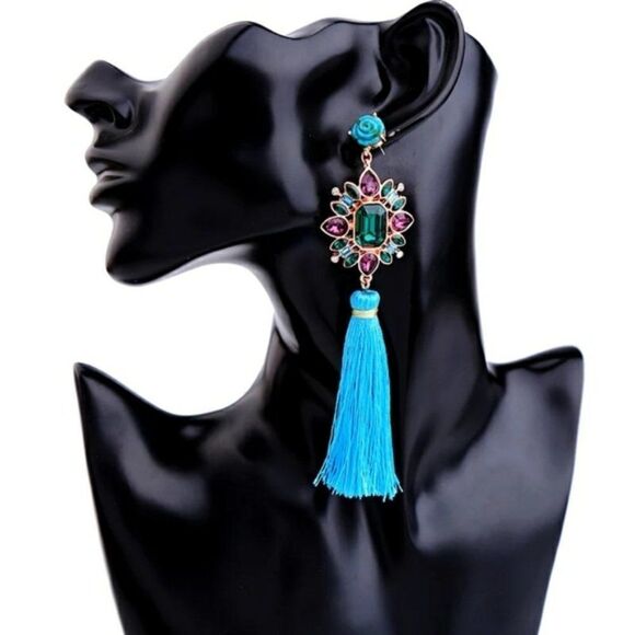 Flower Crystal Blue Tassel Fringe Vintage Gold Dangle Statement Earrings - Picture 2 of 9